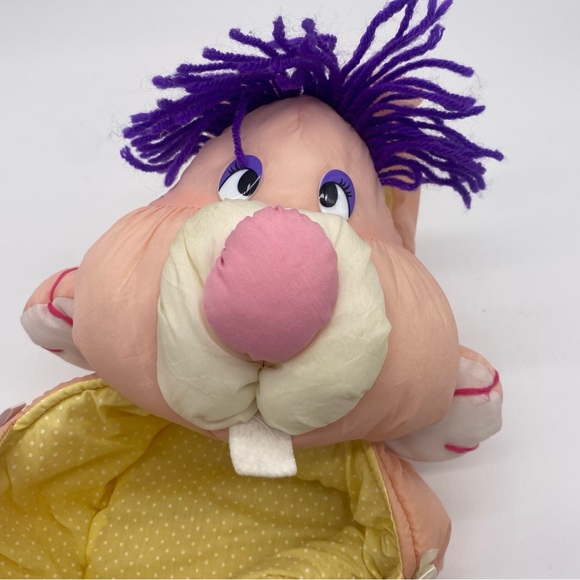 Vintage Pink Yellow Nylon Parachute Plush Bunny Easter Basket Puffalump Style - Picture 5 of 14